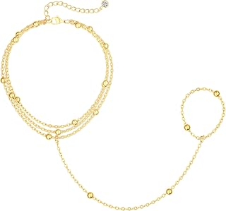 Poaiiu 14K Gold Plated Hand Chain Bracelet for Women - Adjustable Dainty Ring Finger Chain Trendy Jewelry Gift