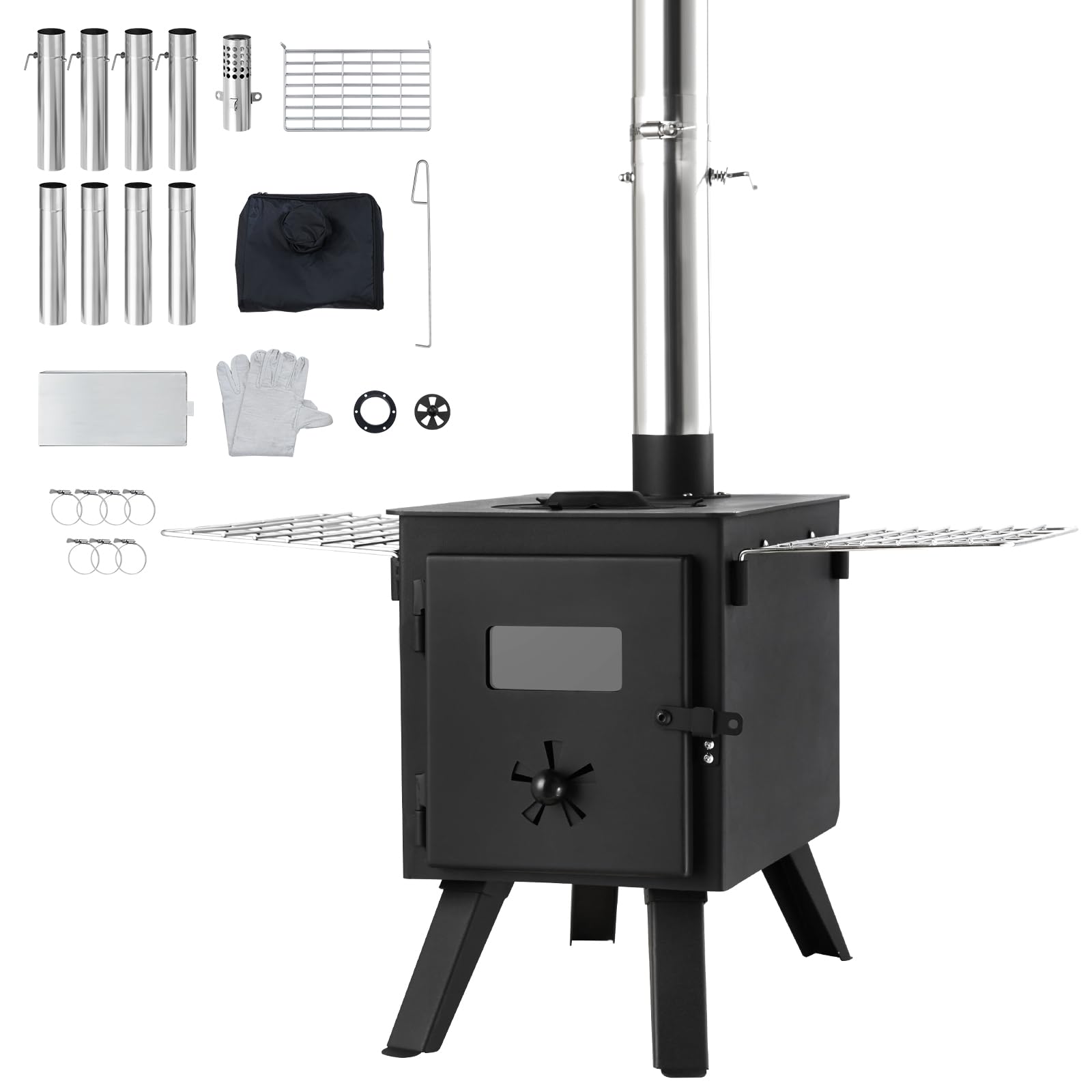 VEVOR Estufa de Leña Estufa Portátil para Tienda de Campaña de Acero de Aleación con 8 Tubos de Chimenea y Guantes Estufa Cálida para Cocinar y Calentar al Aire Libre 394 x 608 x 425 mm