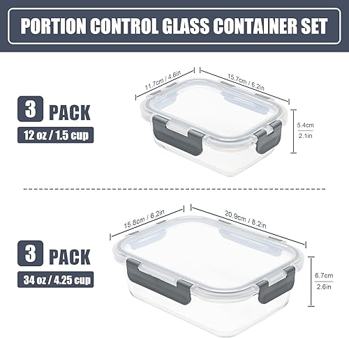 Miniatura 2 de Paquete de 6 recipientes de vidrio para almacenamiento de alimentos con tapas herméticas, recipientes de preparación de comidas para almuerzo,
