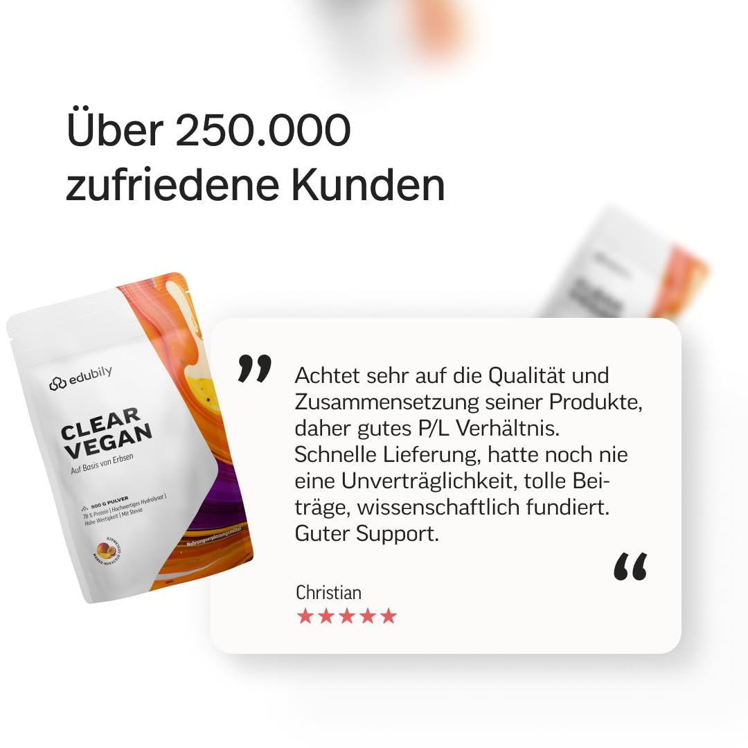 edubily® Clear Protein Vegan – 78% Protein aus Erbsen-Hydrolysat – Erfrischend & gut löslich – Laktosefrei - Mit Stevia - Clear Whey Alternative - Laborgeprüft (500 g, Mango Maracuja)