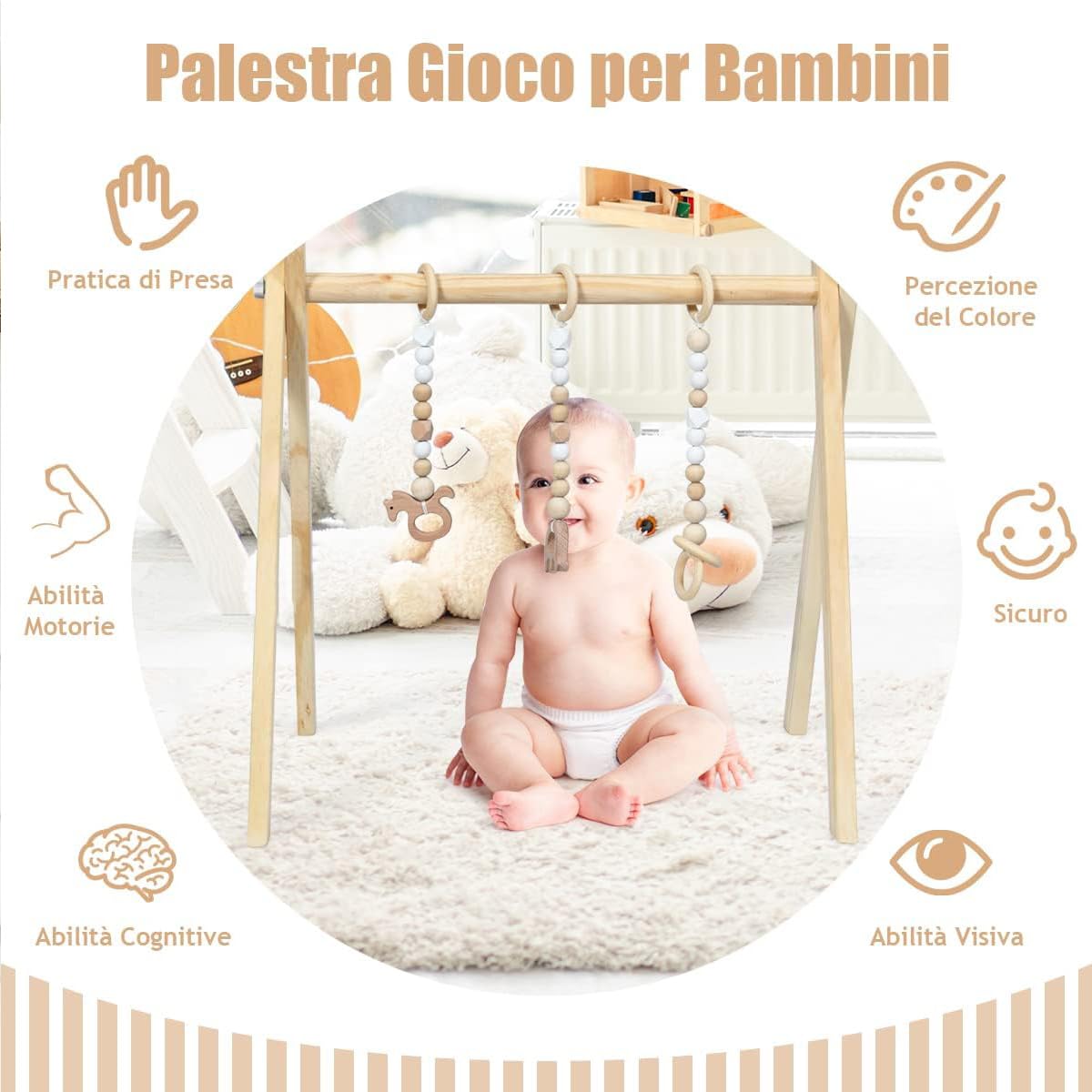Palestrina Neonato Legno Montessori RELAX4LIFE con 3 Catene Diverse Rimovibili Baby Gym Multifunzione