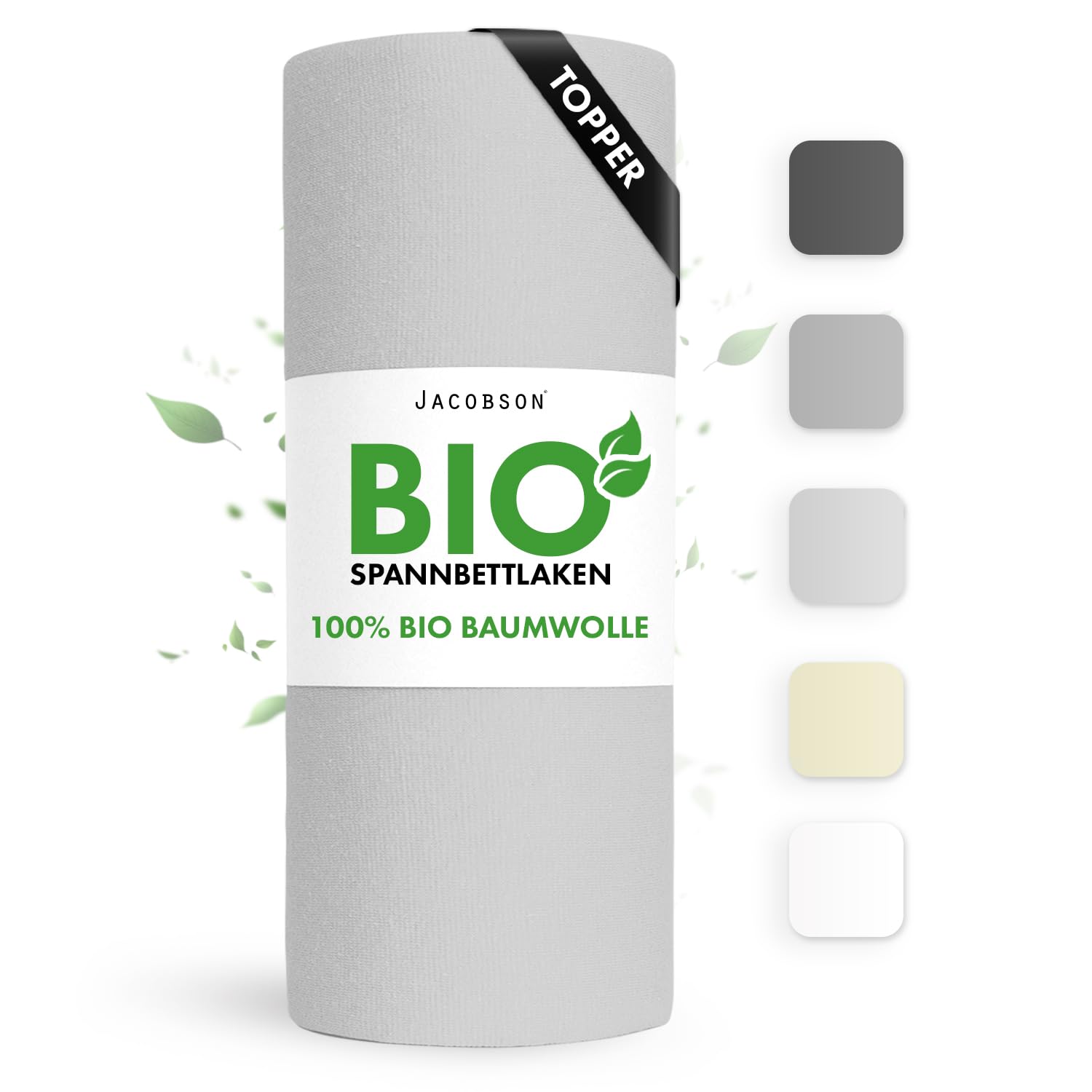 Jacobson Bio Spannbettlaken Topper 180x200cm Baumwolle Spannbettlaken, GOTS zertifiziertes Bettlaken, 160g/m² Jersey Spannbetttuch (Topper 180x200, Hellgrau)