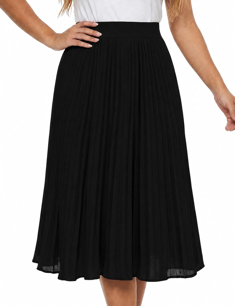 Pleated Midi Skirt for Women, High Waisted A-Line Chiffon Skirt with Elastic Waist and Soft Lining