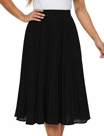 Pleated Midi Skirt for Women, High Waisted A-Line Chiffon Skirt with Elastic Waist and Soft Lining
