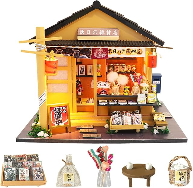 erhumama Miniature Japanese Grocery Store Dollhouse LED Kits DIY Wooden Shop Furniture Model Puzzle Toy Children Birthday Gift