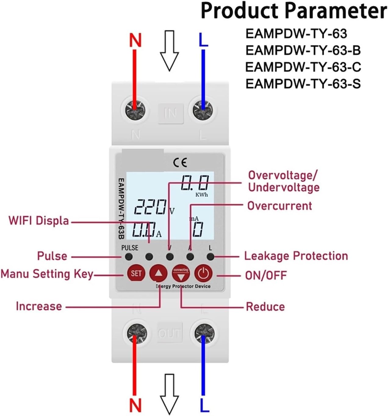 EAMPDW-TY-63 63A 230V Power Meter (kW/Wh)(EAMPDW-TY-63-C)