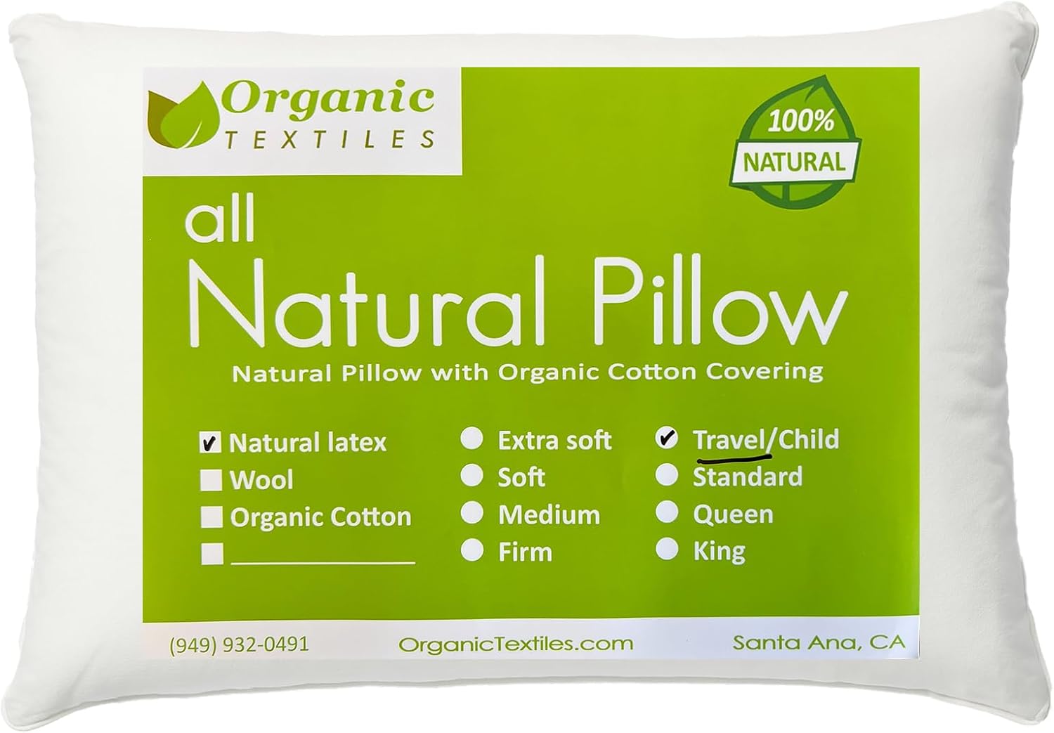 ORGANIC TEXTILES 100% Natural Latex Travel Pillow with Organic Cotton Cover (16 in x 9 in x 6 in) - Great for Airplane, Car, Bus, Train, Camping (Travel) - Pack of 1