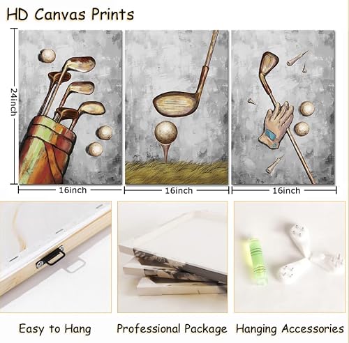 Ryounoart 3 Piece Golf Canvas Wall Art Vintage Leisure Sports Painting Pictures Artwork For Golf Clubs Home Gym Living Room Wall Decor Framed Ready To Hang 16X24X3Pcs #TOP4