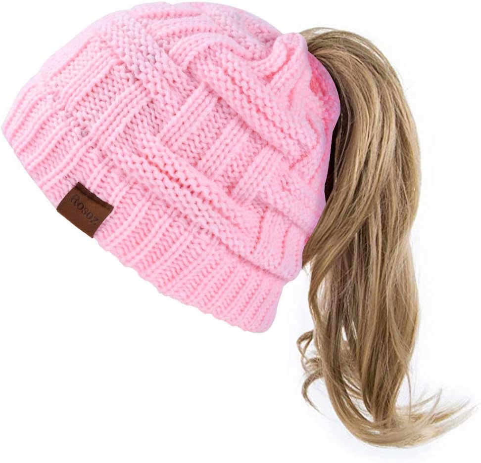 Rosoz Womens Ponytail Beanie Winter Beanie Hat Ponytail Hatfor Women Tail Stretch Cable Knit Cap Messy High Bun Hat - Image 2
