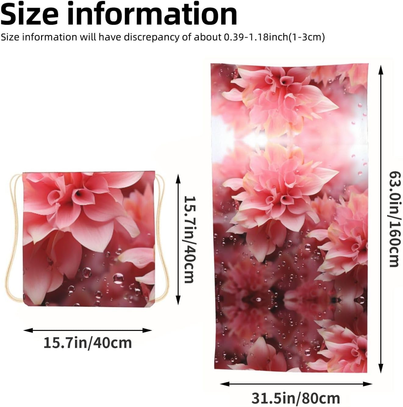 2 in 1 Packable Towel Bag,Soft Absorbent Pool Towels Backpack Quick Dry Lightweight Beach Towels Pink Petals Drawstring Bag for Travel Camping Sports Picnic image 3