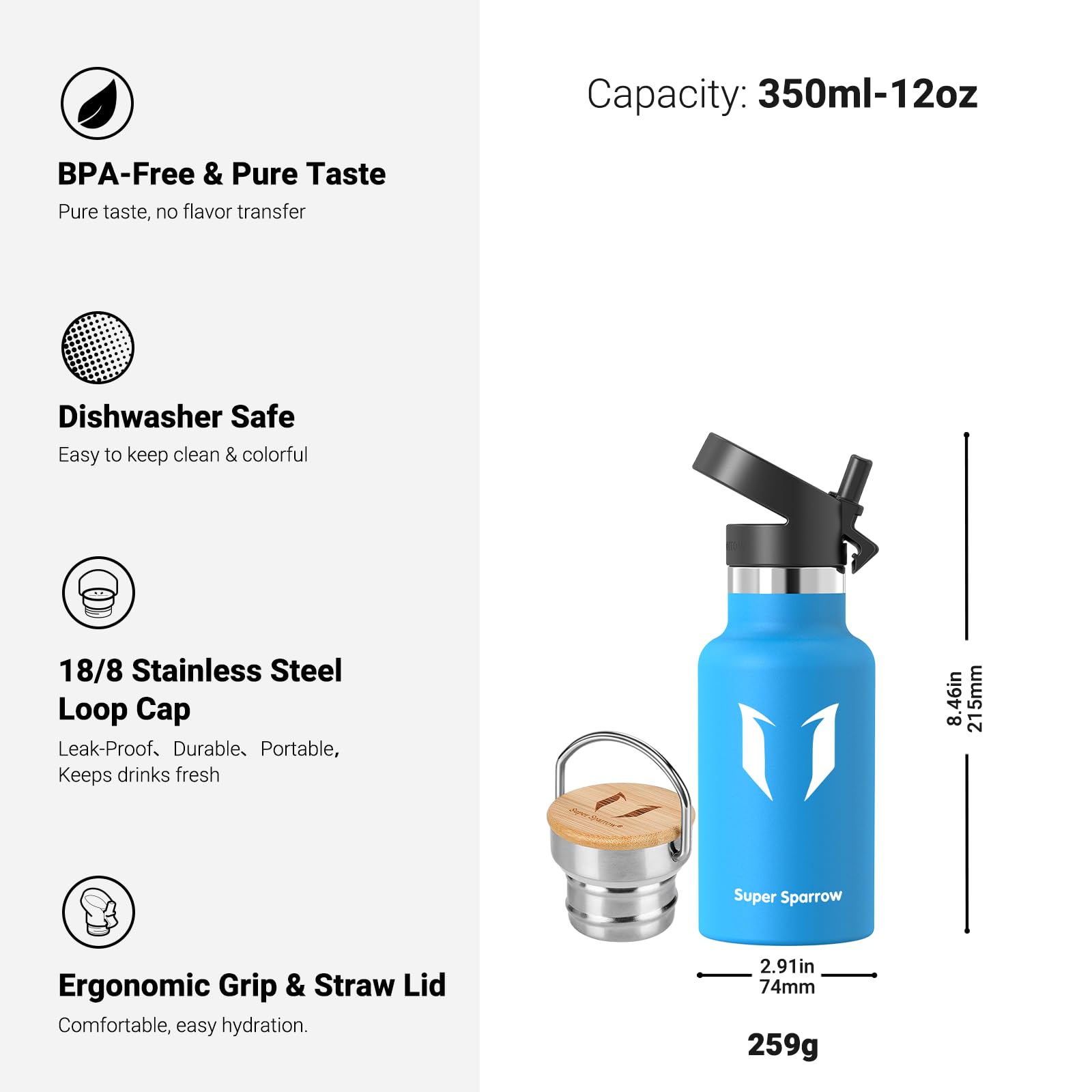 Super Sparrow Borraccia Termica - Bottiglia Termica Senza Perdite - 350ml/500ml/620ml/750ml/1L - Senza BPA Borracce Bambini - Per Scuola, Sport, Campeggio, Palestra, Ciclismo - Con 2 Tappi