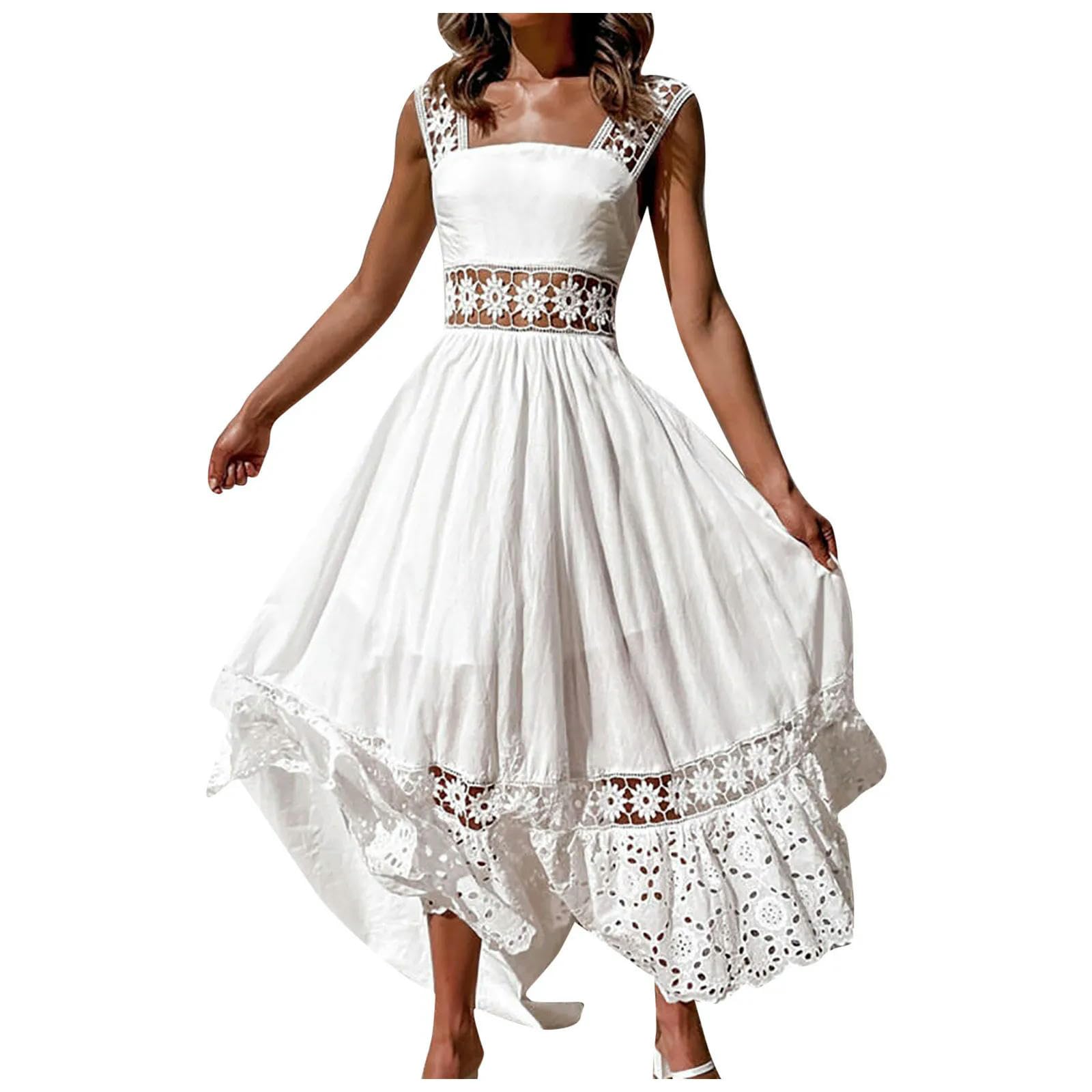 ARESU Dentelle Crochet Évider Robes Blanches Femmes sans Manches Dos Nu Vacances Décontracté Boho Robe Dames Lâche Plage Maxi Robe en Coton-Blanc-M