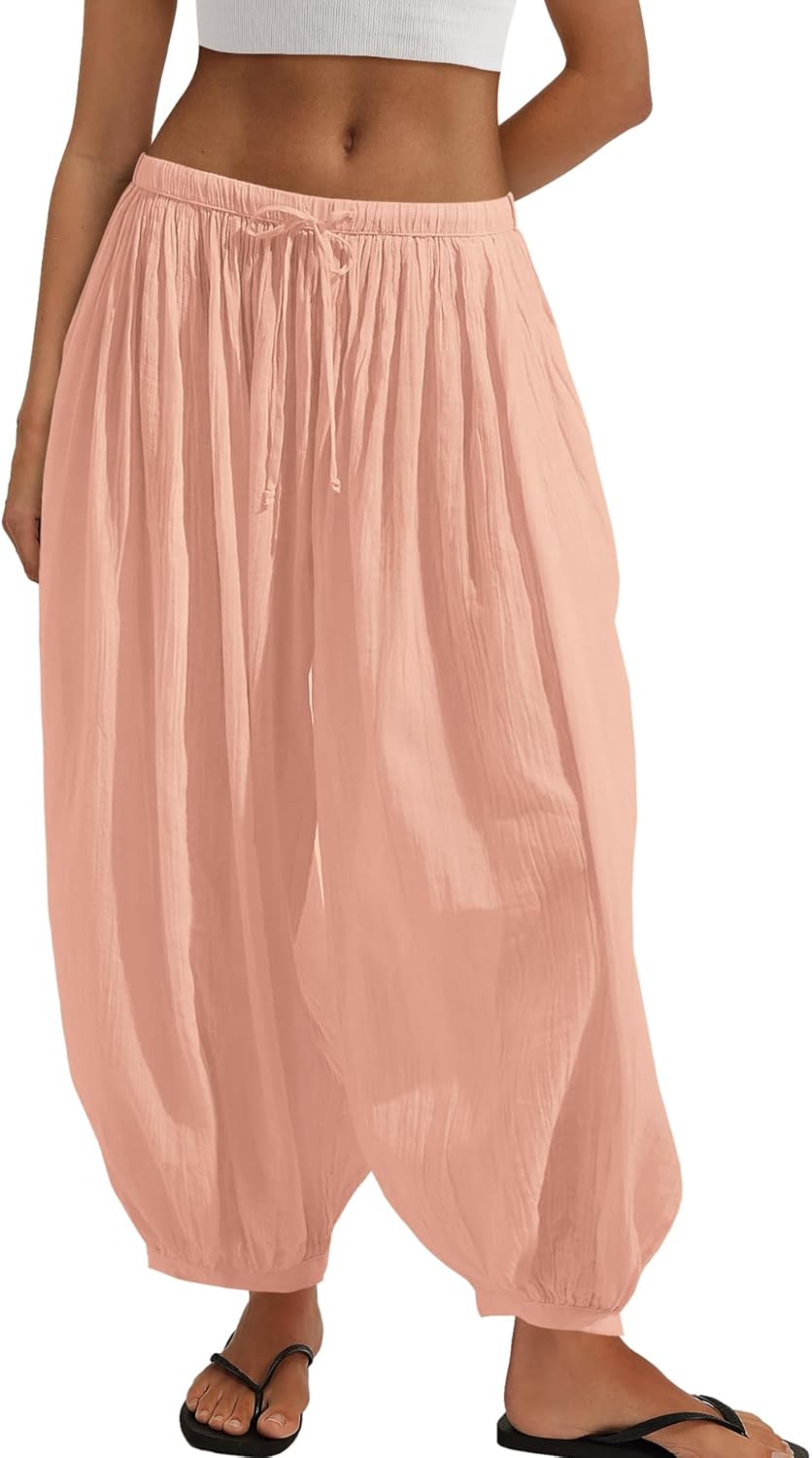 Yanekop Womens Beach Harem Pants Summer Palazzo Pants Flowy Sheer Wide Leg Trousers Vacation Clothes with Pockets - Image 3