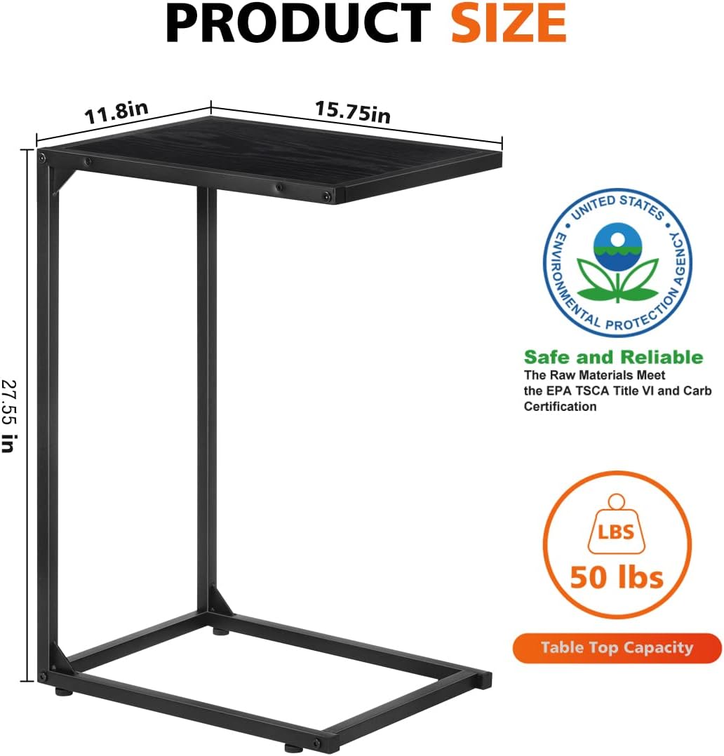 C Shaped End Table Set of 2, Snack Side Table, C Tables for Couch, Couch Tables That Slide Under, for Living Room, Bedroom, Black