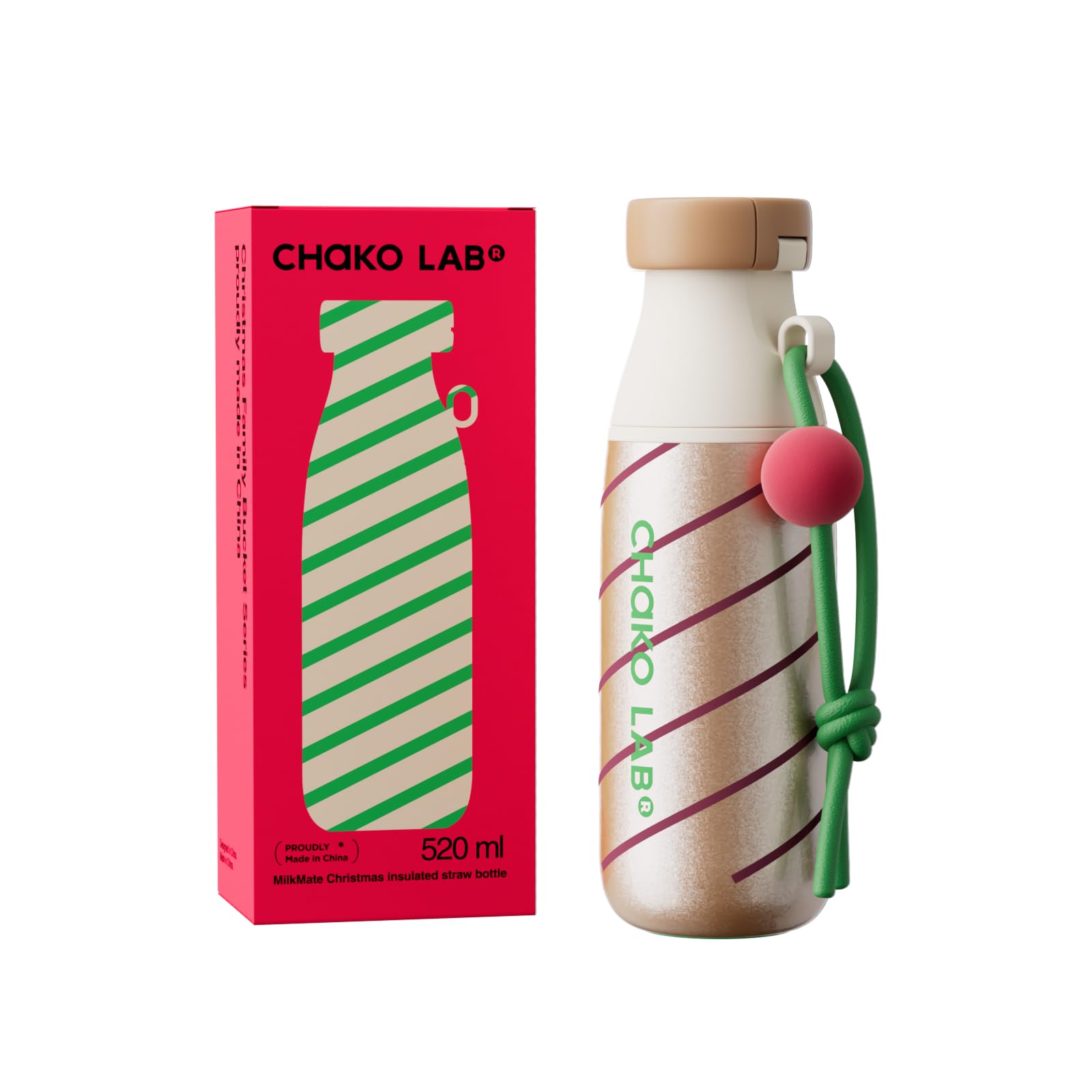 CHAKO LAB Insulated Stainless Steel Water Bottle with Two Strap | BPA-Free Leak Proof | 17oz Bottle with Spout Lid & Straw | pine cone tree