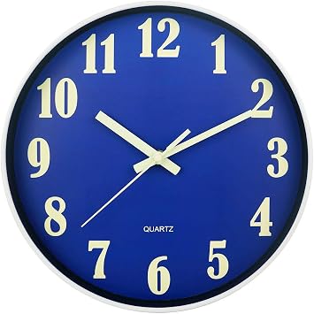 JoFomp Glow in The Dark Clock, 12 Inch Modern Silent Non Ticking Wall Clocks Battery Operated, Night Light Wall Clock for Living Room Decor, Wall Clock Decorative for Kitchen Bedroom Blue