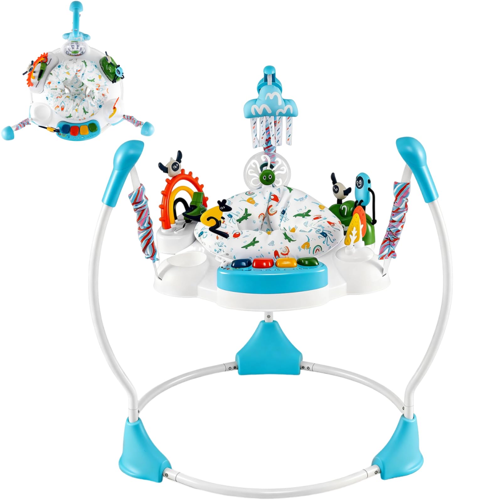 GYMAX Baby Jumpers & Bouncers, Interactive Baby Jumperoo Activity Center with 360° Rotary Seat, 3 Adjustable Heights, Music, Lights, Interactive Toys, Toddler Bouncer for 6 Months+ (Blue)