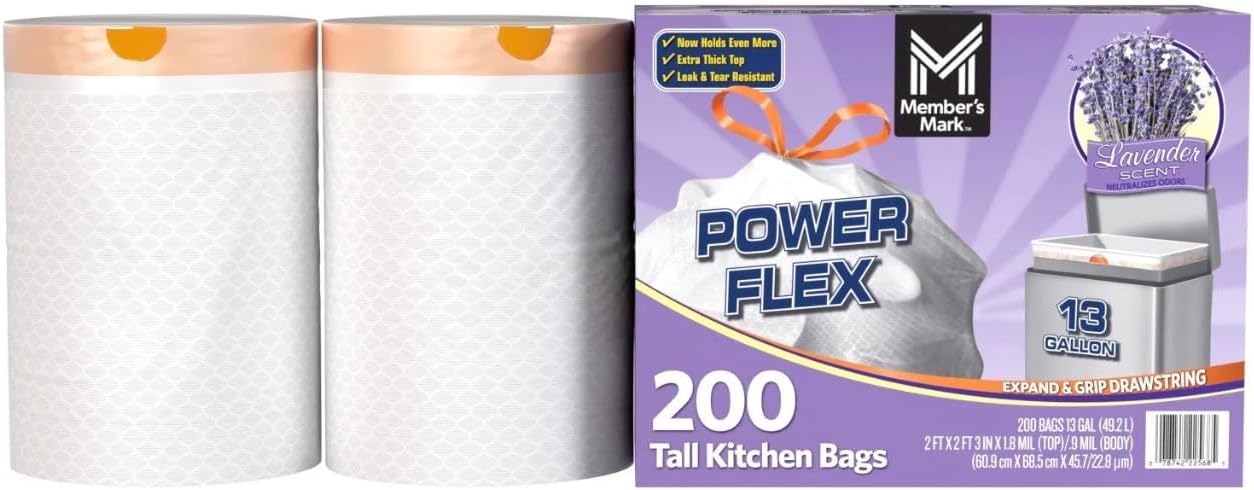 Member Mark Power Flex 13-Gallon Tall Kitchen Trash Bags, Lavender, 200 ct.