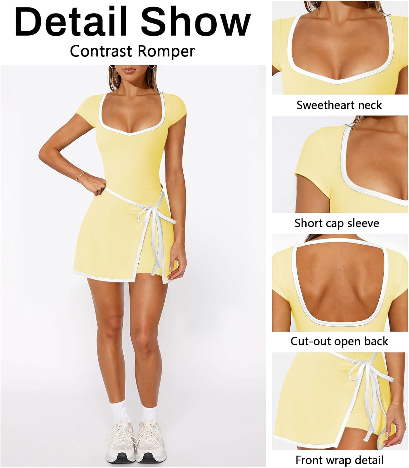 Women Sweetheart Neck Short Cap Sleeves Tennis Dress Tie Cinched Waist Golf Workout Open Back Romper Skort with Shorts