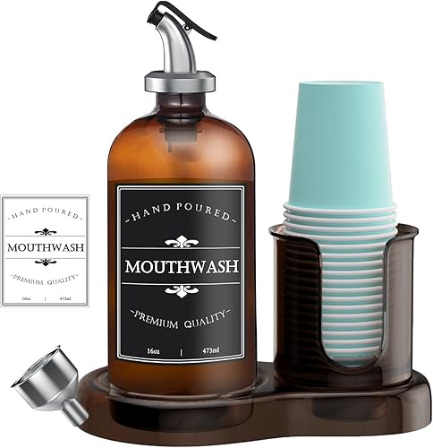 Dispensador de enjuague bucal de vidrio ámbar con portavasos para baño, contenedor de botellas de enjuague bucal recargable de 16 onzas con bandeja,