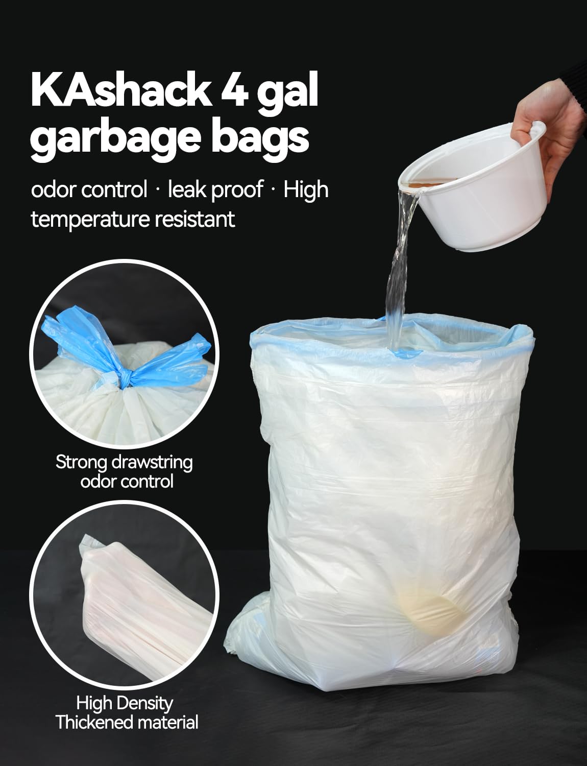 Bolsas de basura pequeñas de 4 galones, 250 unidades, bolsas de basura con cordón, bolsas de basura de plástico grueso ultra fuerte para oficina, dormitorio, sin perfume, 4 galones (blanco,