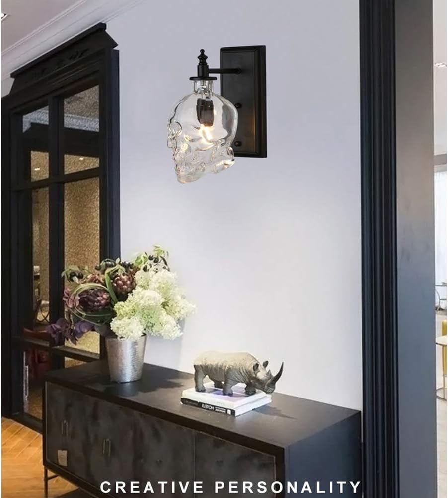 Vintage Retro Skull Lamp Fixture Industrial Glass Skull Light for Hall Living Room Dinning Room bar Cafe (Wall lamp)