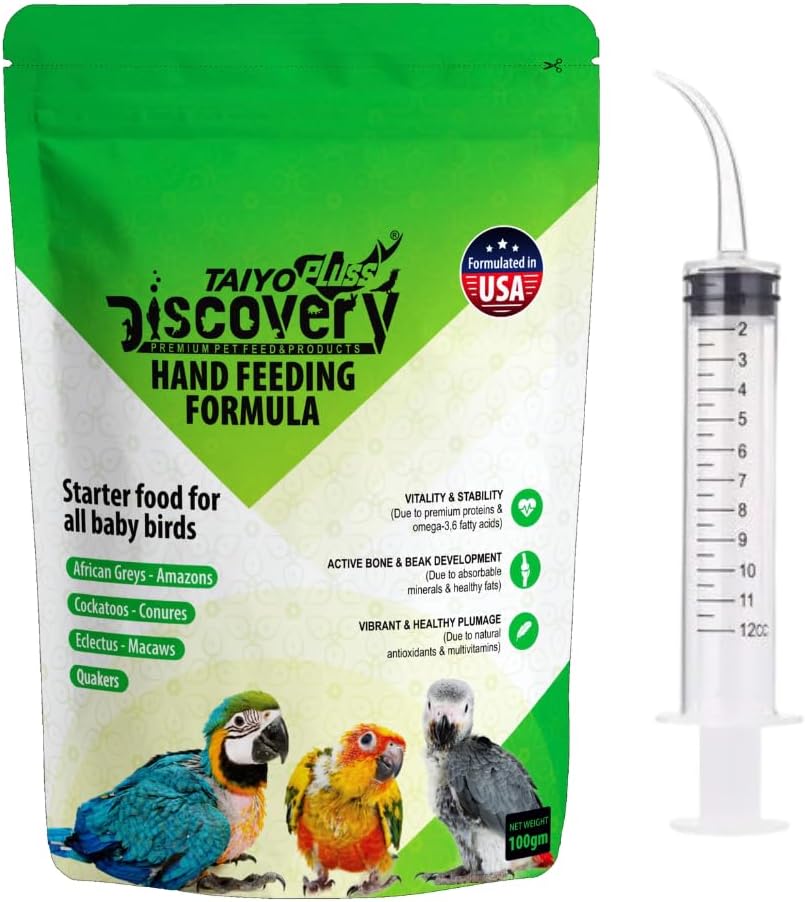 Taiyo Pluss Discovery Hand Feeding Formula - 100 g Pouch + 12 ml Syringe Free Combo | High Nutrition Baby Bird Food with DHA | Supports Bone & Beak Growth | for African Grey, Macaw & Conure Chicks