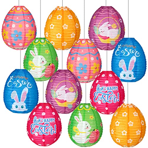 Image of 12 Pcs Easter Party Hanging Paper Lanterns Easter Eggs Bunny Chick Basket Flower Happy Easter Paper Lanterns Hanging Lanterns Decorative for Easter Party Decoration Supplies