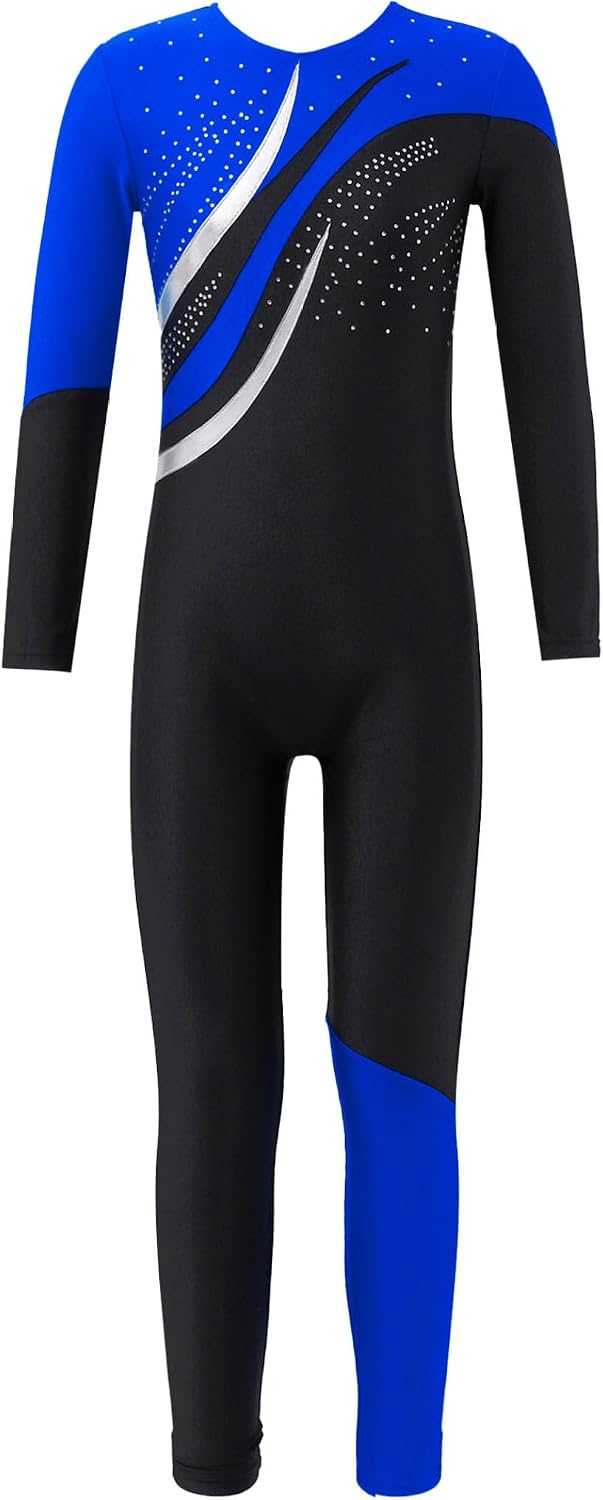Girls Kids Shiny Long Sleeve Gymnastics Dance Unitard Bodysuit One Piece Full Body Ballet Leotard Jumpsuit