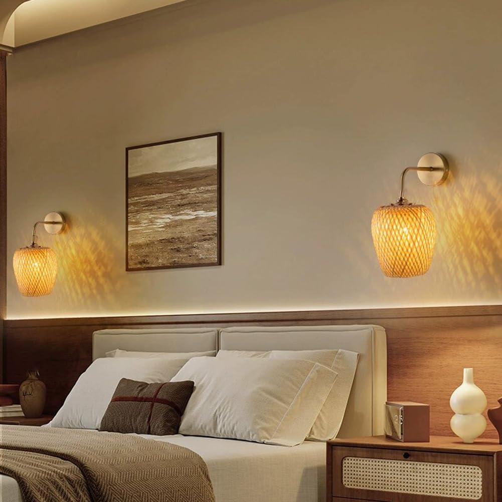 Lampa Ścienna LED Boho Wnętrze Złoto Ściemniacz Pilot Lampka Bohol Rattan Bez Podłączenia do Prądu Lampy Ściennej Retro Timer, 2 sztuki Bateria Lampa Salonowa Bambus Ręcznie Tkana USB Ładowalna