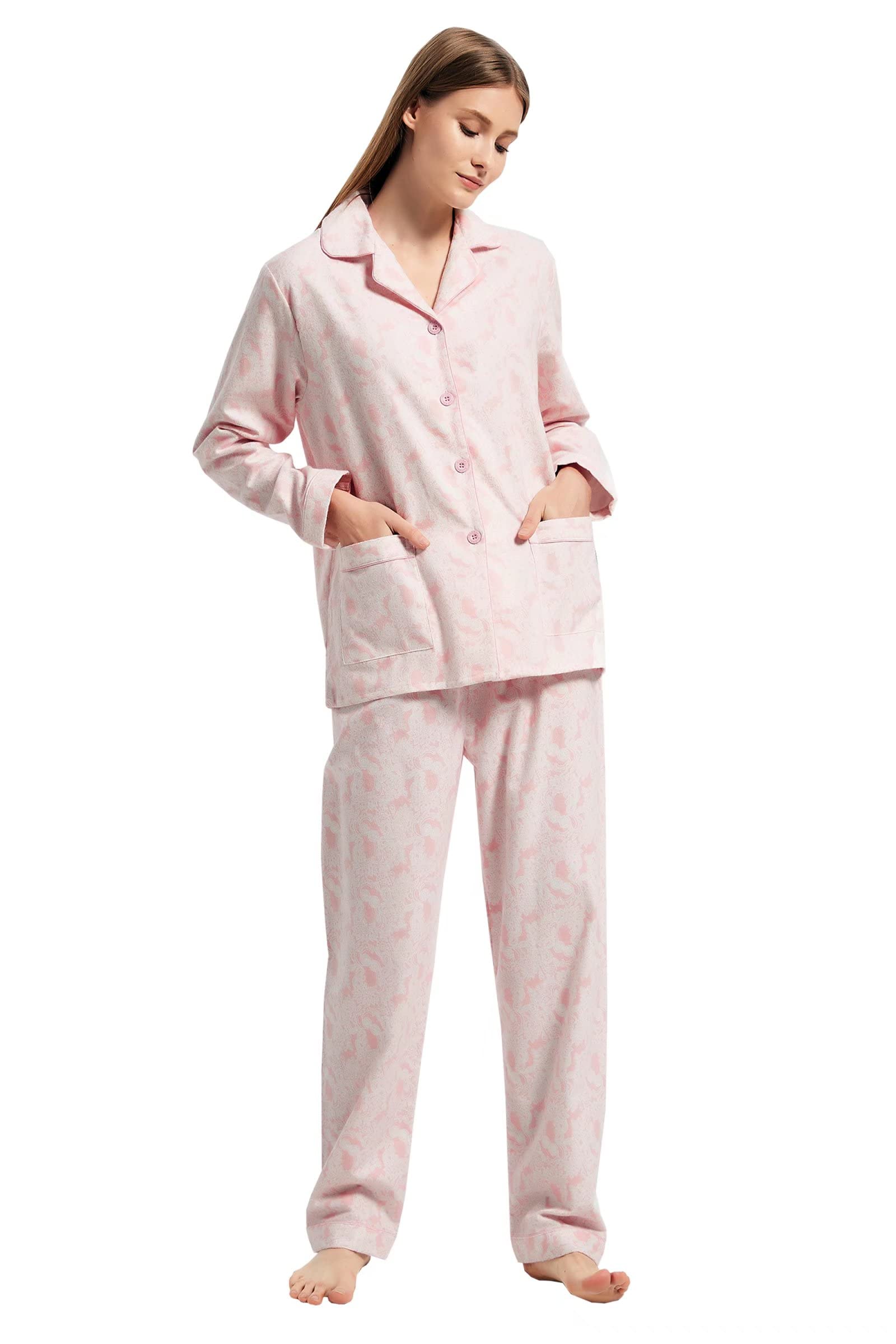 GLOBAL Women's Flannel Pajamas Set 100% Cotton PJs for Women Long Sleeve Button Drawstring Waist Warm Loungewear Sleepwear