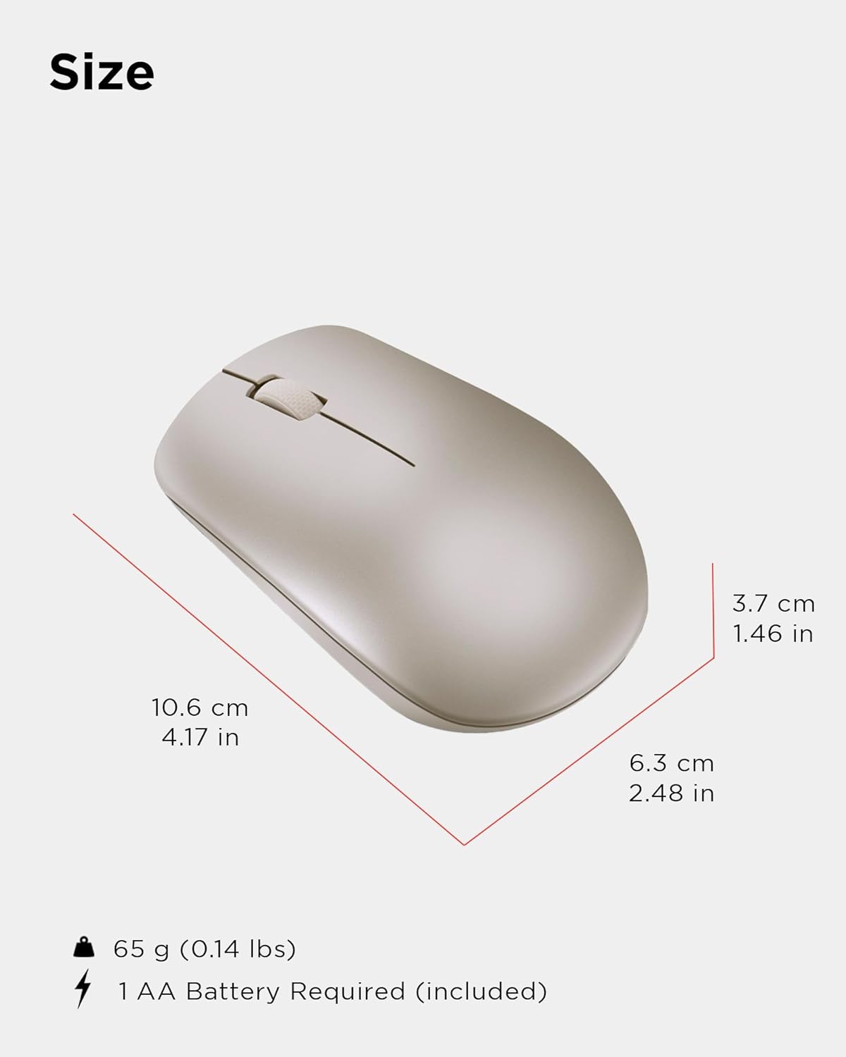 Diagram showing the dimensions of the Lenovo 530 Wireless Mouse in centimeters and inches, along with its weight and battery requirement.