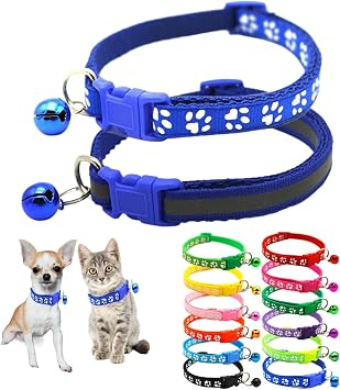 XS Dog Collar with Bell,2 PCS Reflective Small Puppy Cat Collars Bells Blue | Blue XS Dog Bell Collar Paw & Reflective Girl Female Boy Cat Small Dog Bell Collar for XS XSmall X-Small Extra Breed Pets