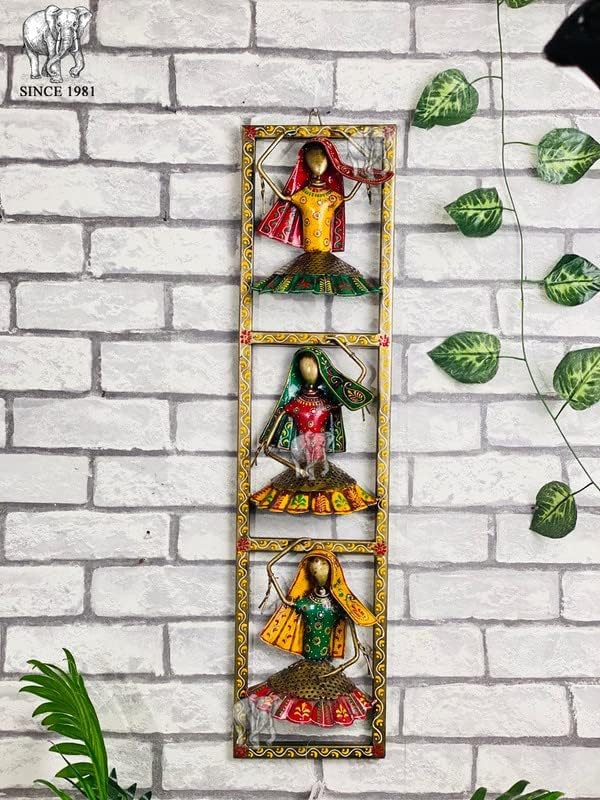 LohLeaf Metal Wall Hanging 3 Cap Lady Vertical Frame Home Decor, Multicolor, 36X4X6 Inch