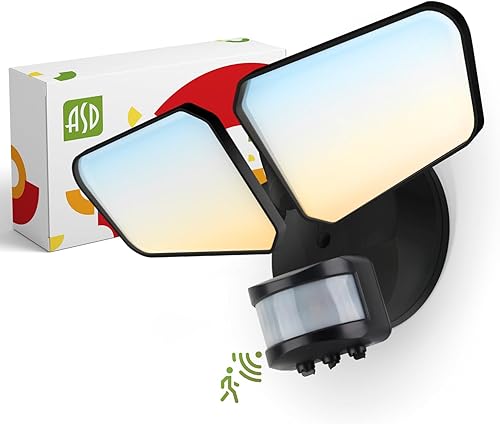 ASD Reflector LED de seguridad 2 cabezas cuadradas 20W 120V no regulable 27003000350040005000K con sensor de movimiento de 180 y fotocélula negro UL