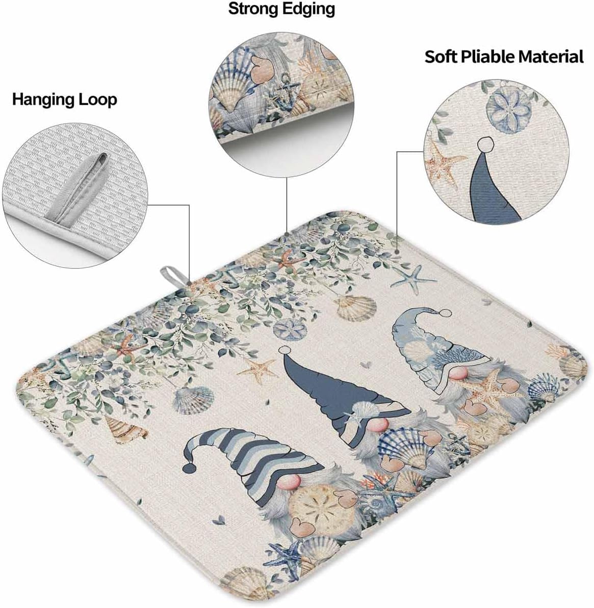 Summer Ocean Blue Gnome Drying Mats for Kitchen Counter 2 Pcs, Retro Starfish Shell Leaves Microfiber Absorbent Dish Drainer/Rack Mat,Reversible Hangding Quick Drying kitchen Decor,16x18 Washable