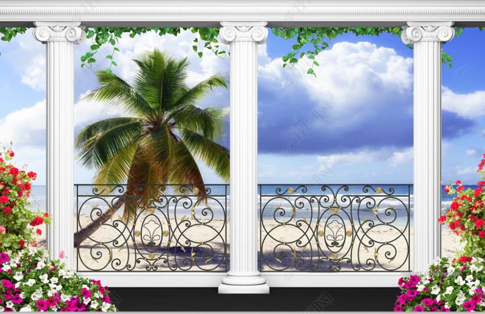 Papier peint intissé balcon vue mer poster géant salon chambre 450cm