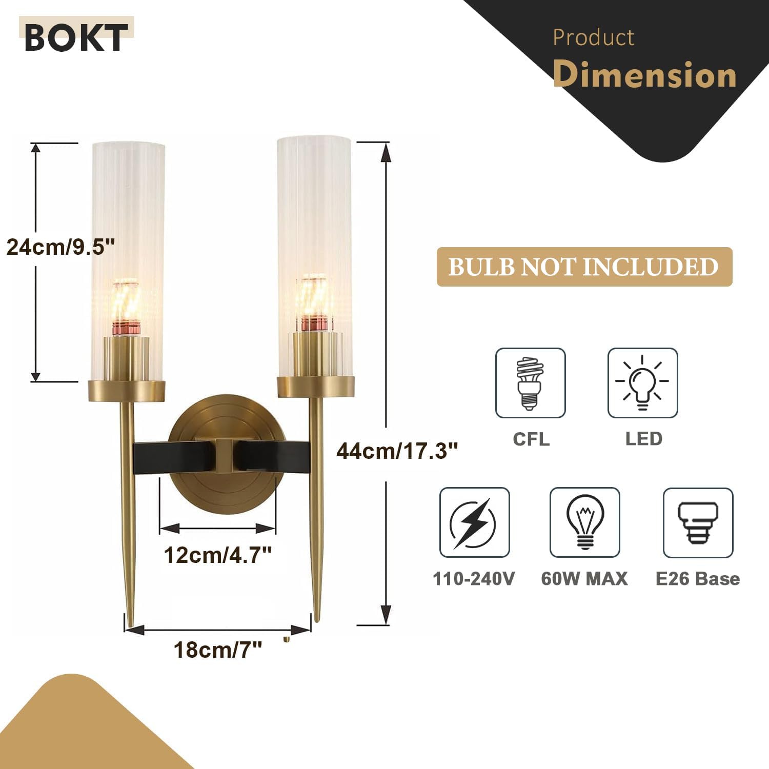 BOKT Modern Cylinder Wall Sconce – Set Of 2 – Antique Brass Gold With Clear Ribbed Glass – E26 Base – 17.3″ Tall – For Bathroom, Hallway, Living Room