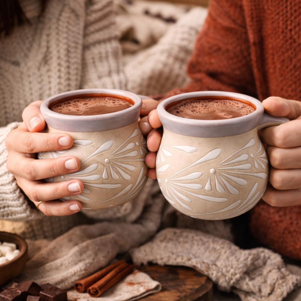 FFX Artesania Handmade Mexican Terracotta Mugs Set of 4 Rustic Clay Coffee Cups with Carved Espiga Design for Café de Olla, Hot Chocolate & Micheladas