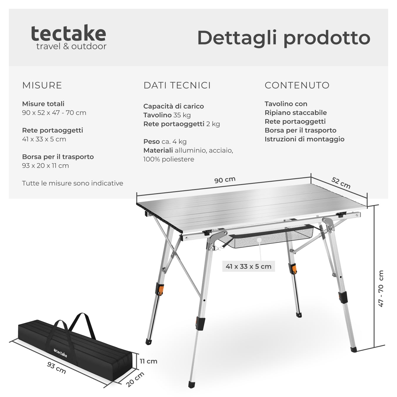 tectake® Tavolo da Campeggio in Alluminio Pieghevole Tina, Regolabile in Altezza, Cappucci in Plastica Antigraffio, Tavolo, Alluminio, Tavolo da Esterno, Campeggio - Argento