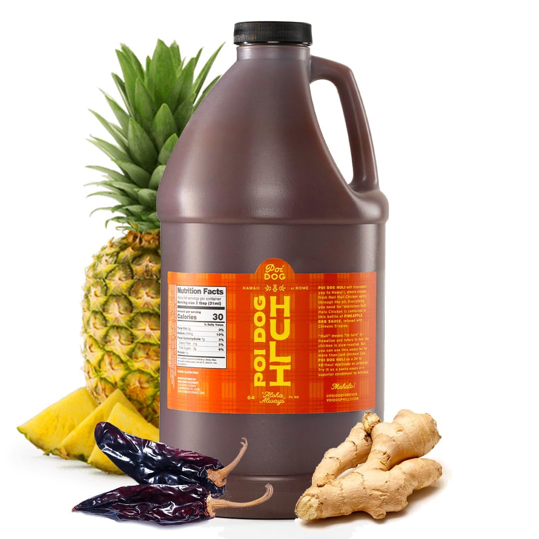 Poi Dog - Huli Sauce - Pineapple, Tamari Soy, Miso, Ginger, Guajillo Chile, and Chinese 5 Spice - Sweet & Savory Hawaiian Barbecue Marinade - Vegan, Gluten Free, Low Calorie & Carb - 64 Oz Jug