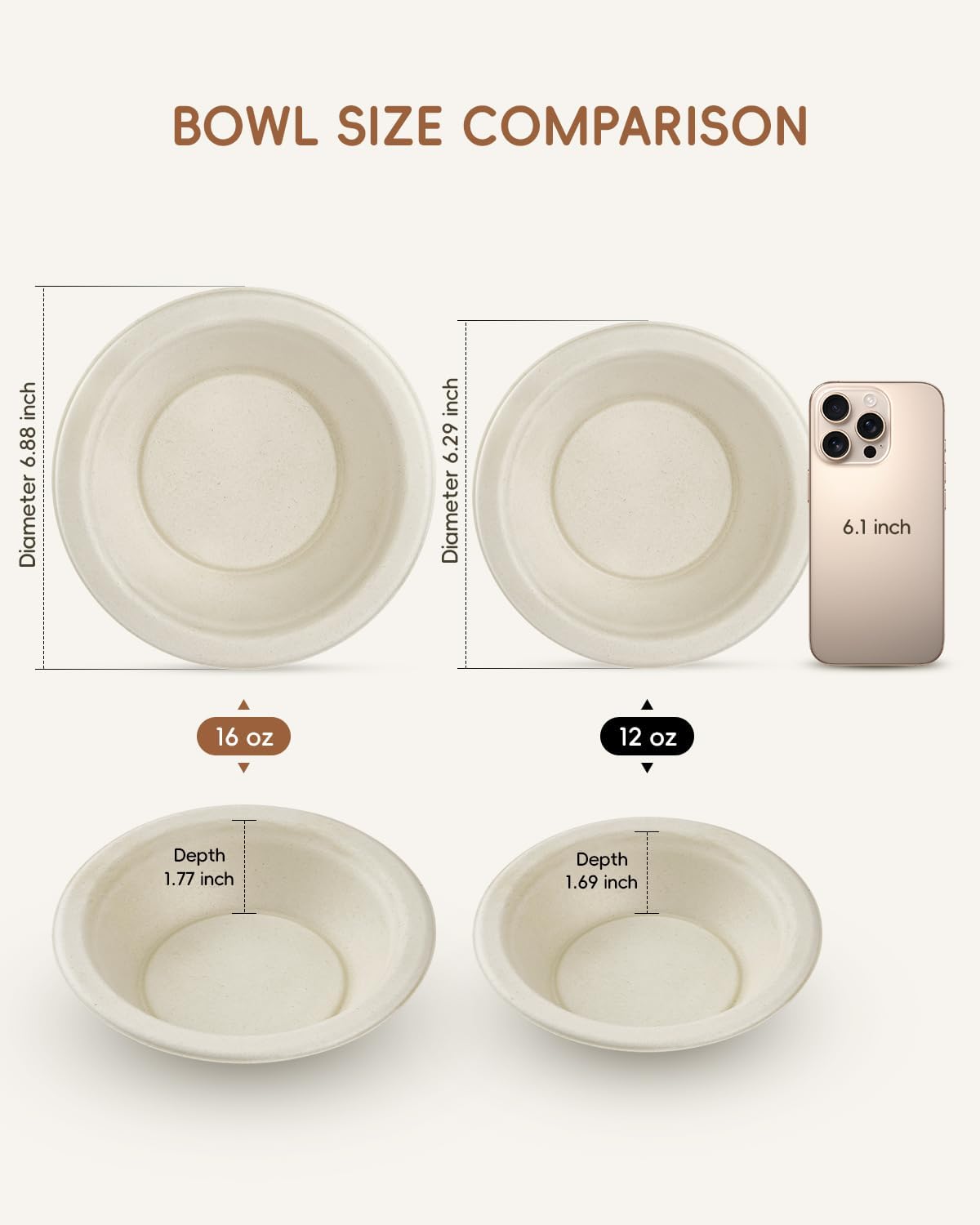 Goodluck 500 Pack Natural Brown 16 oz Compostable Soup Bowls, Heavy Duty Bagasse Disposable Paper Bowls, Microwave Safe Sugarcane Fiber Bowls for Soup, Chili, Pasta, Party & Catering