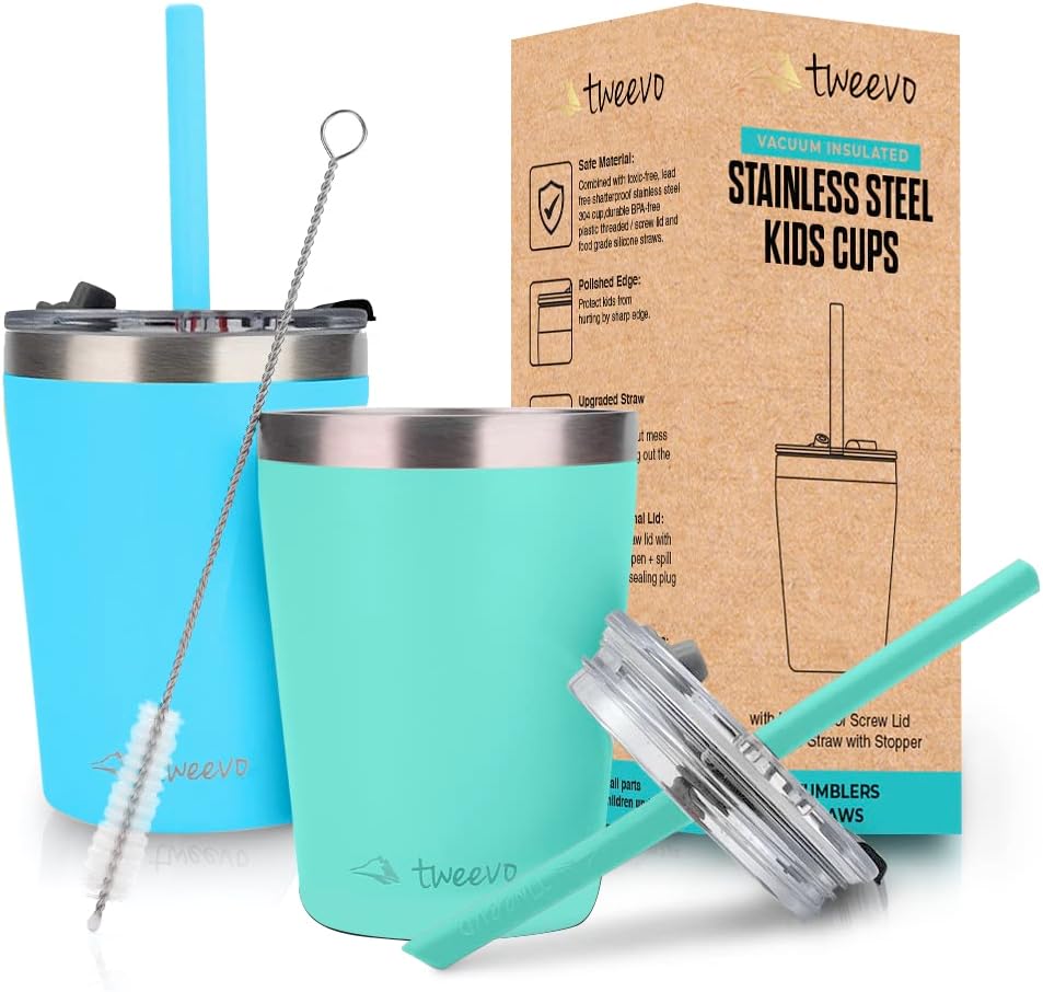 tweevo Kids Tumblers With Spill-Proof Screw Lids - 8.5oz - Stainless Steel Toddler Cups With Straws and Lids & Straw Brush - Insulated Kids Cups - Smoothie Toddler Cup - Pack of 2 - Blue & Green