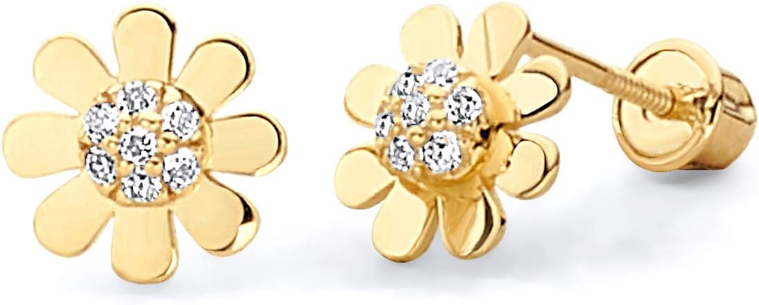 14k Yellow OR White Gold Sun Flower Stud Earrings with Screw Back