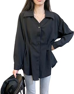 [Ishihara liacceai] Vネック ブラウス レディース シャツ 前開き 長袖 フリル ポワン袖 フレア裾 リボン ゆったり 襟付き 大きいサイズ 通気 薄手 カジュアル 無地 日常着