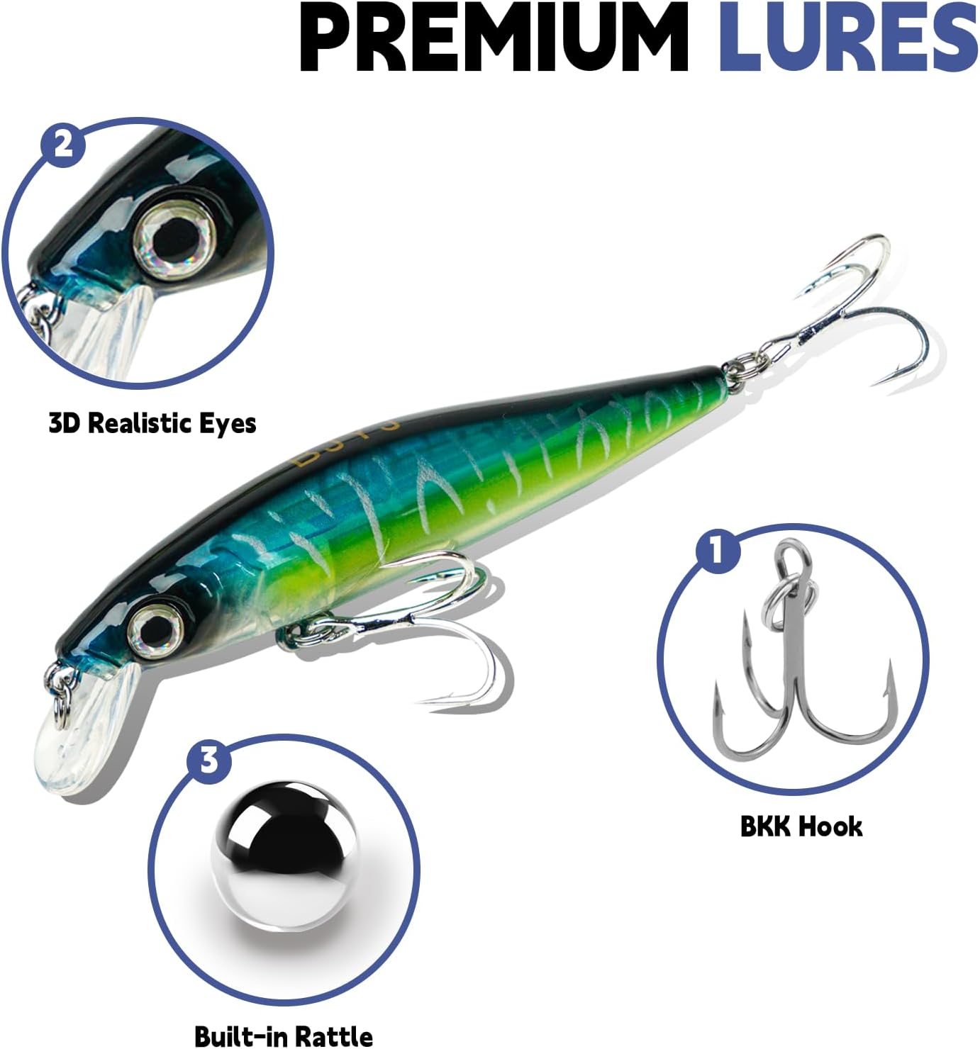 Floating Minnow Lures, Trolling Lures with BKK 1/0#4X Treble Hooks & 5 Steel Rattles. Realistic Action attracts Fish. Ideal for Freshwater & Saltwater, targeting bass, Trout, Pike.