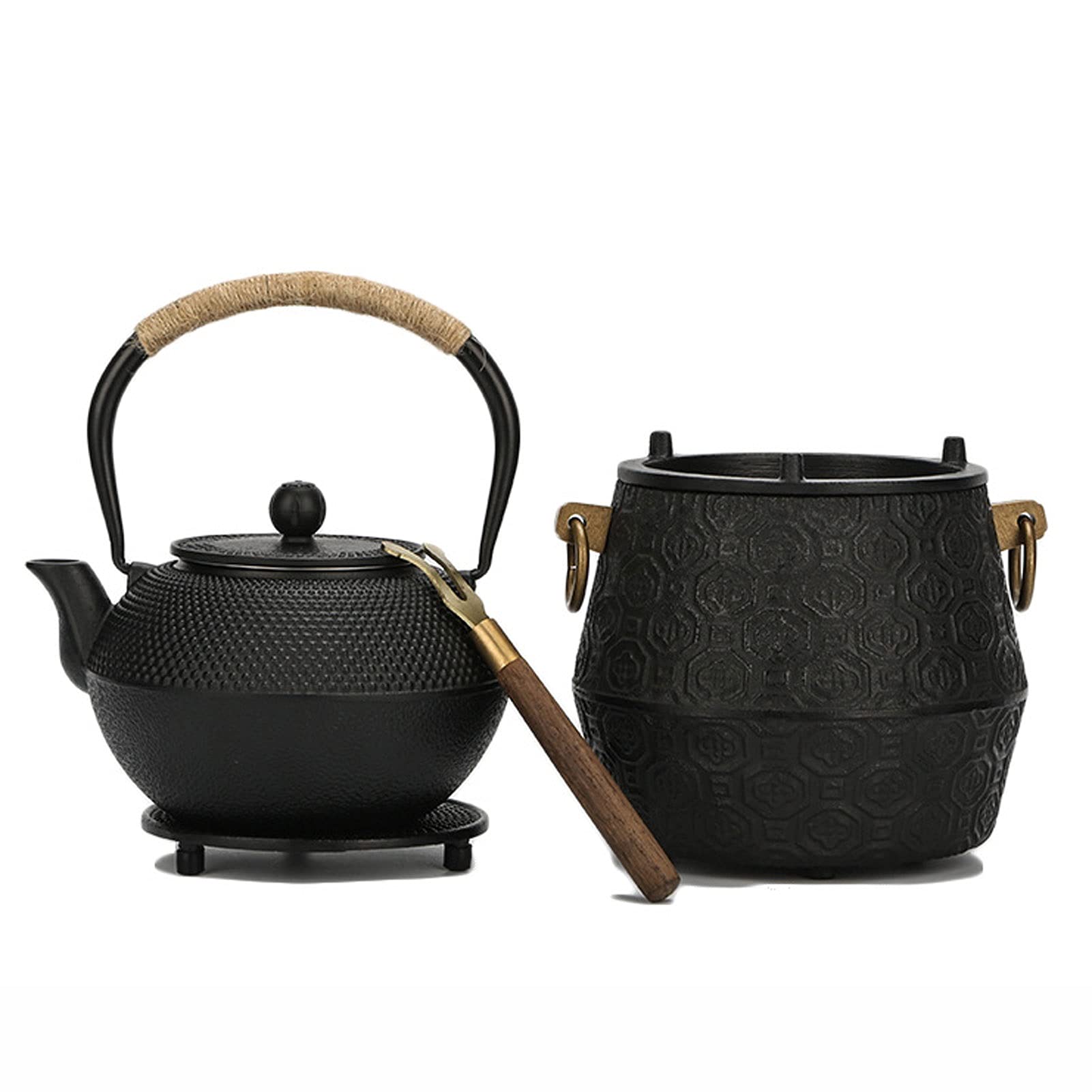 Juego de tetera de hierro fundido con infusor de estilo japonés suelto con colador, calentador, salvamanteles y tenedor de clip de té con mango de madera