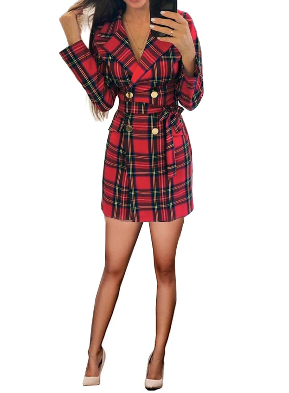 Womens Tartan Plaid Blazer Casual Dinner Double Breasted Buttons Suit Coat Dress Christmas Jacket