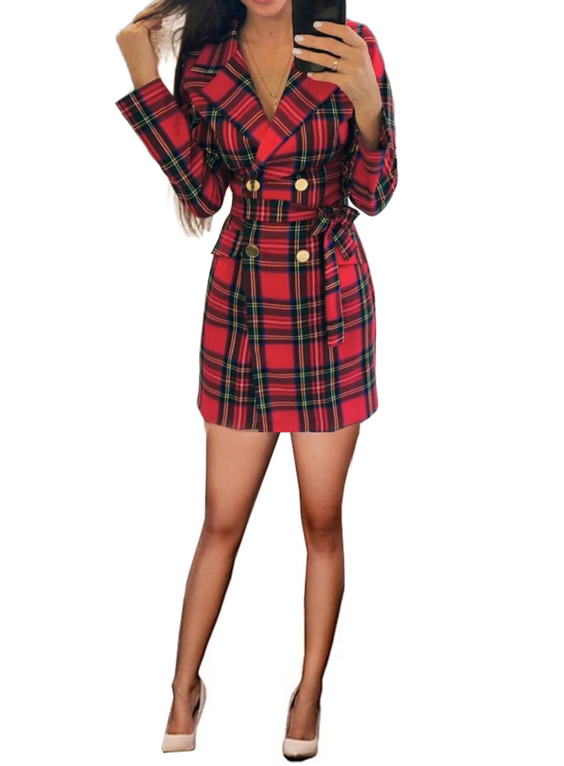 Womens Tartan Plaid Blazer Casual Dinner Double Breasted Buttons Suit Coat Dress Christmas Jacket