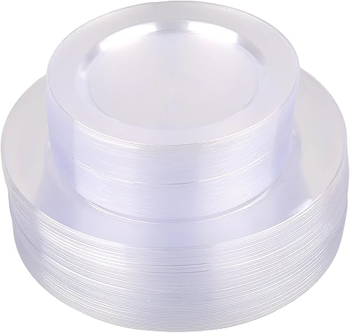 ricpok Juego de vajilla de plata para 50 invitados 300 piezas 50 platos de plástico con borde plateado 50 cubiertos de plástico plateado 50 tazas de